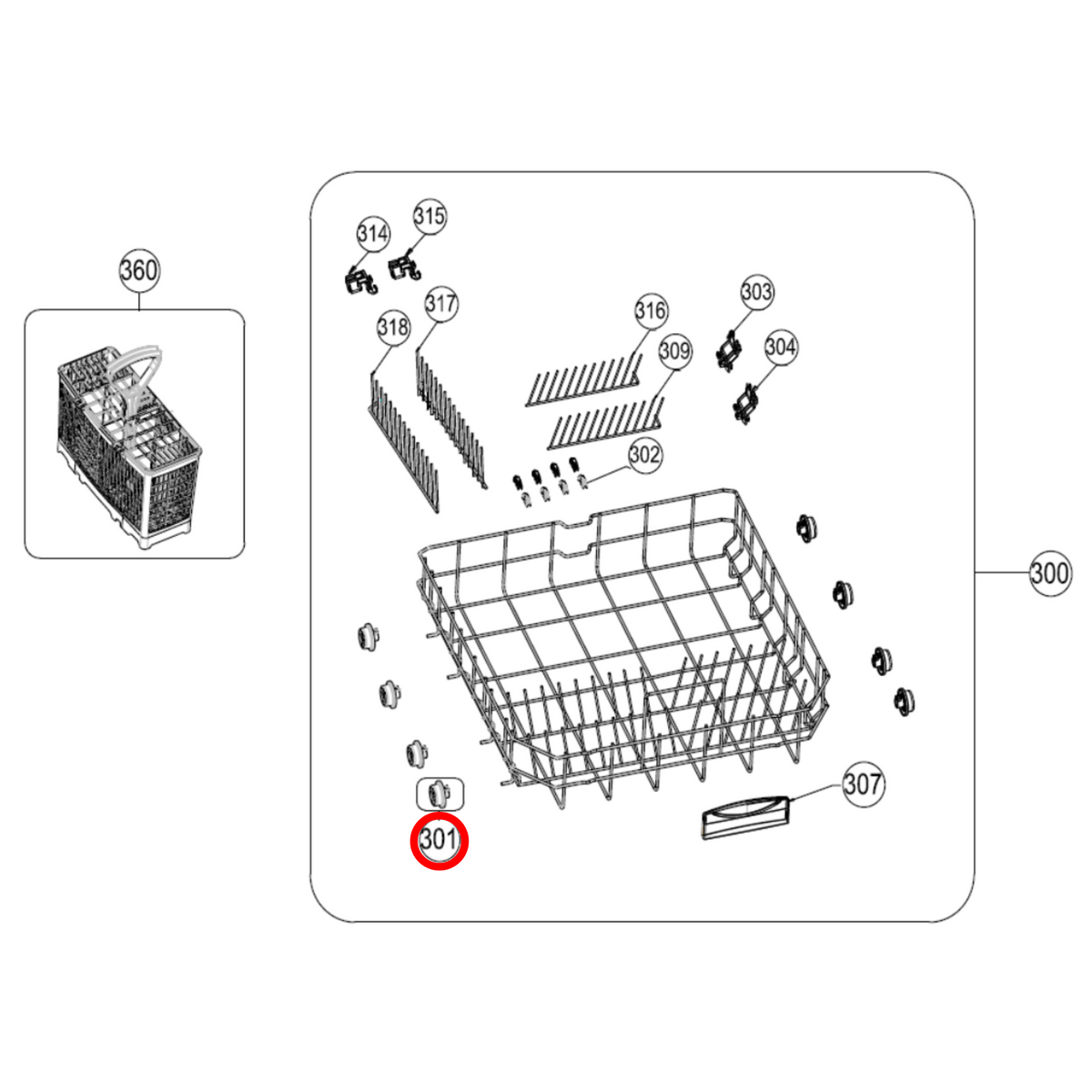 Parts diagram showing 4055761607 for Westinghouse dishwasher models