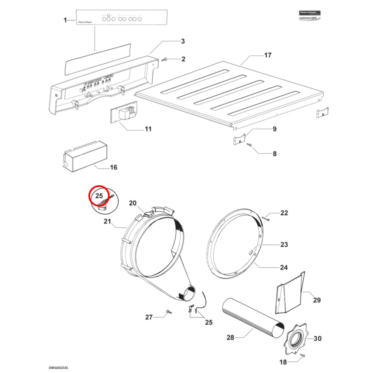 Parts diagram showing 427773 for Fisher & Paykel dryer models