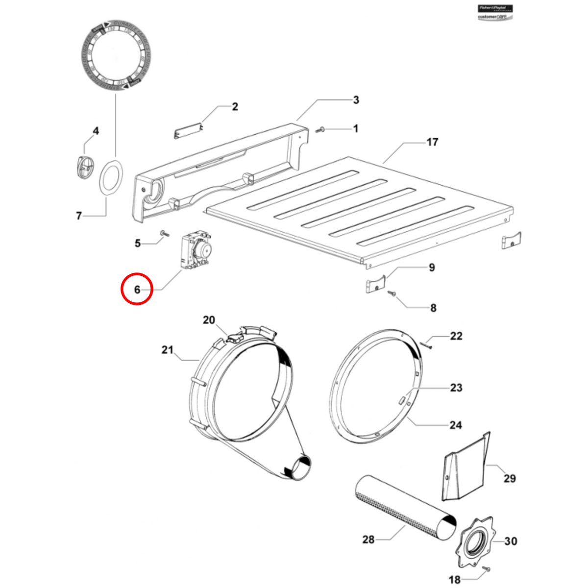 Parts diagram showing 427852 for Fisher & Paykel dryer models