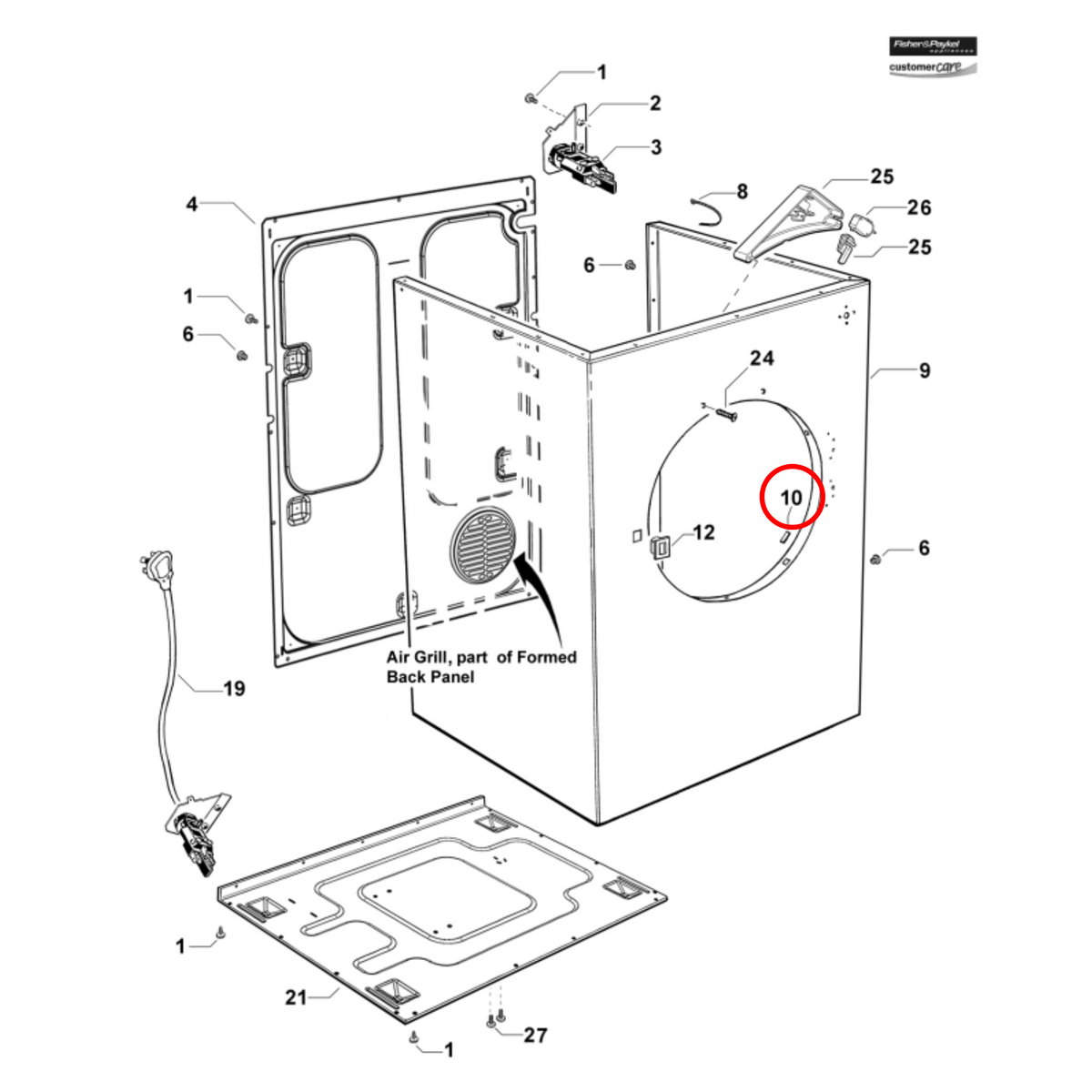 Parts diagram showing 460286P for Fisher & Paykel dryer models