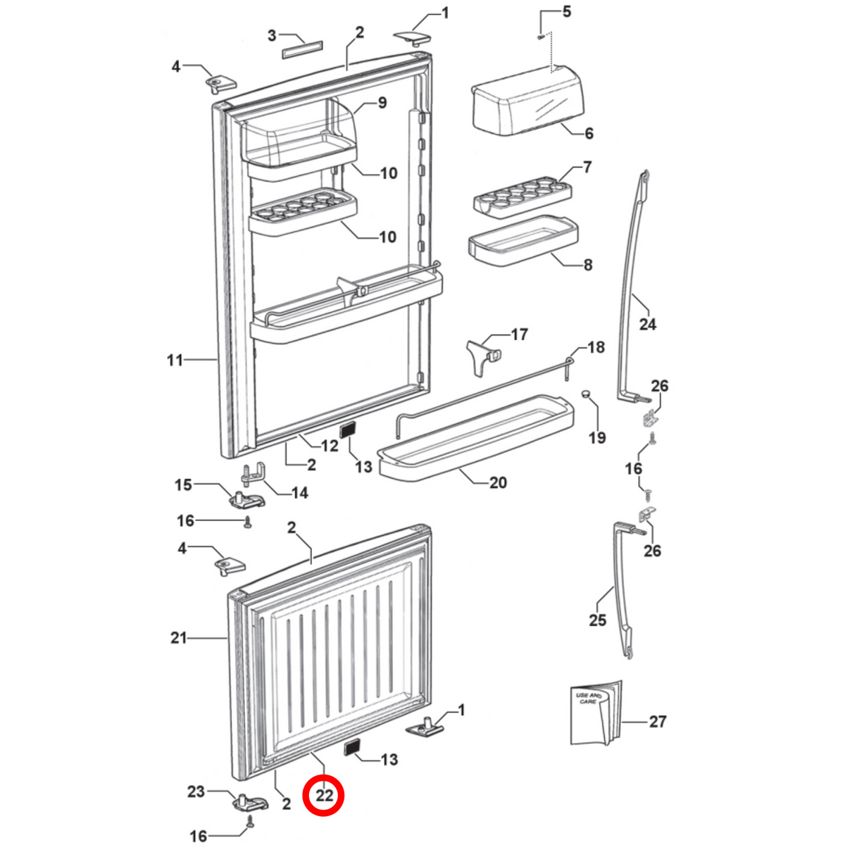 Parts diagram showing 819821P for Fisher & Paykel fridge models