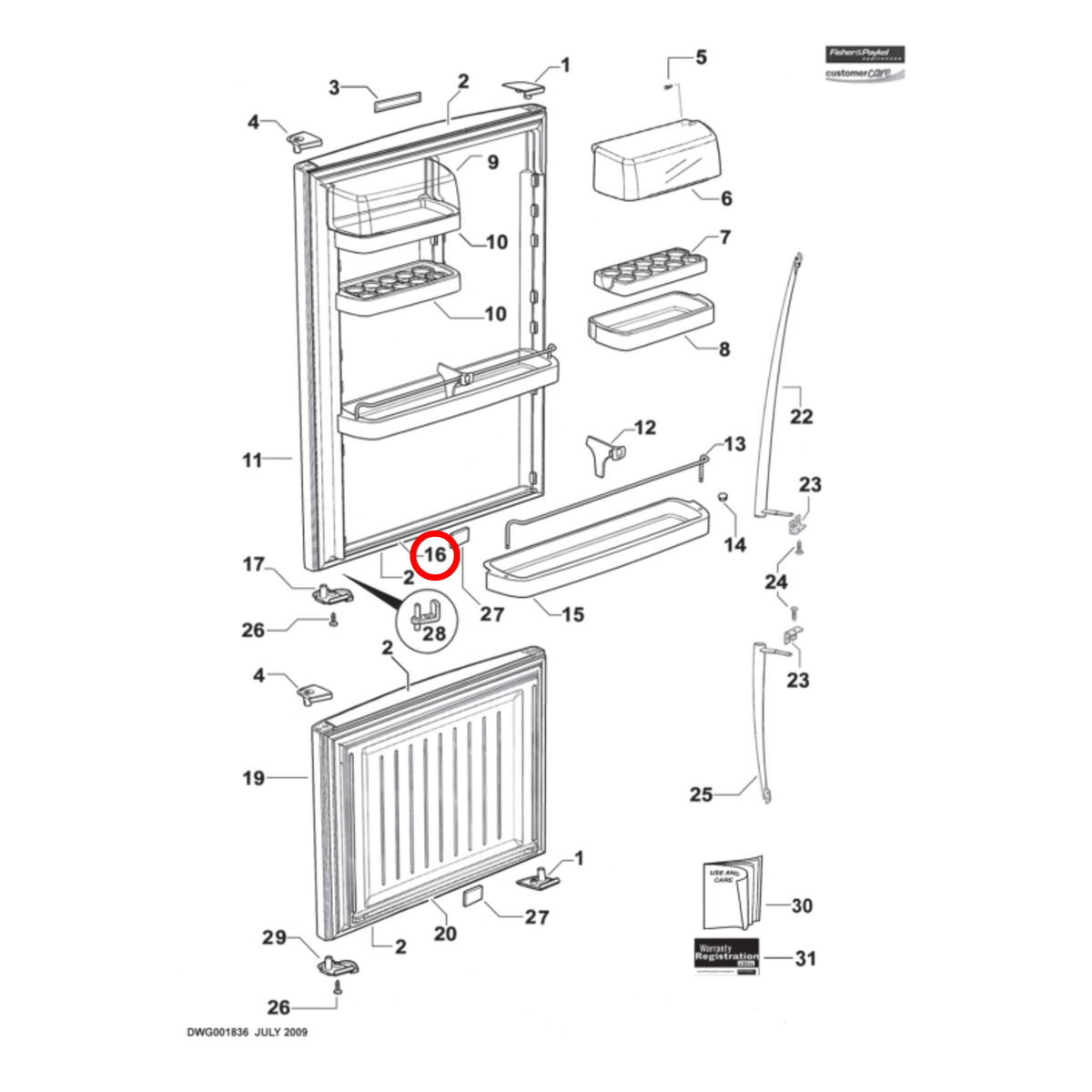 Parts diagram showing 819822P for Fisher & Paykel fridge models