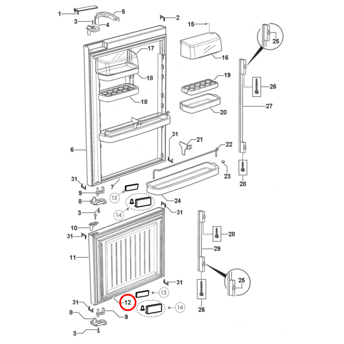 Parts diagram showing 819825P for Fisher & Paykel fridge models