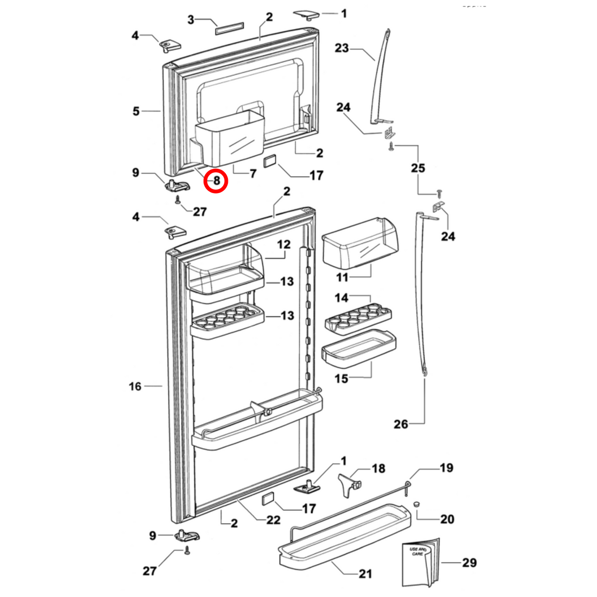 Parts diagram showing 819827P for Fisher & Paykel fridge models