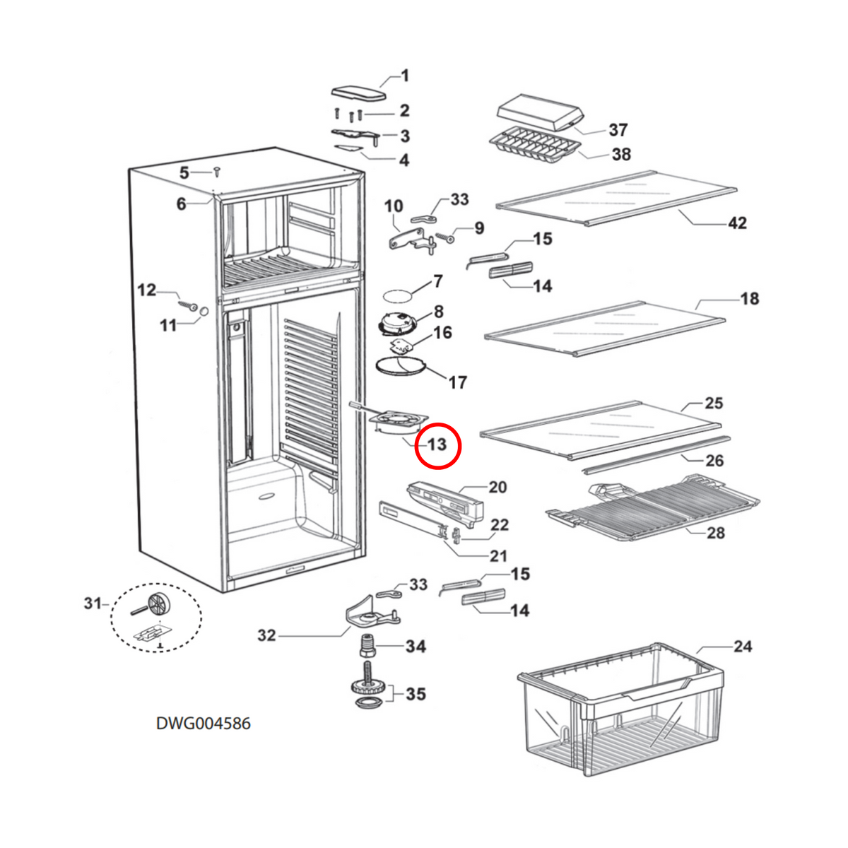 Parts diagram showing 821183P for Fisher & Paykel fridge models