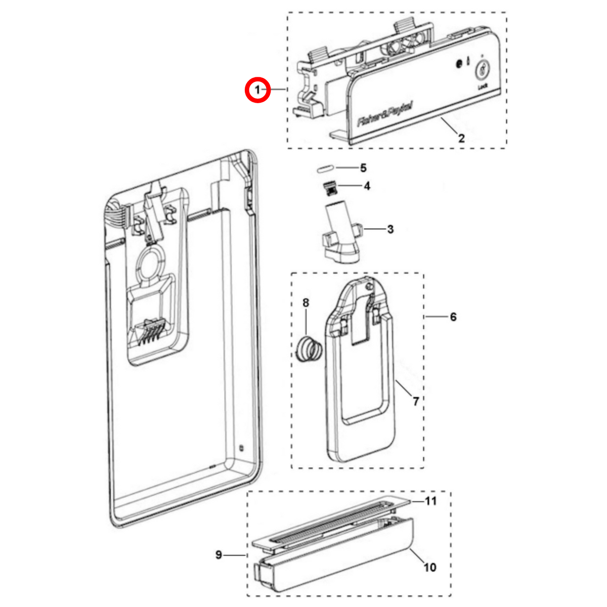Parts diagram showing 821509P for Fisher & Paykel fridge models