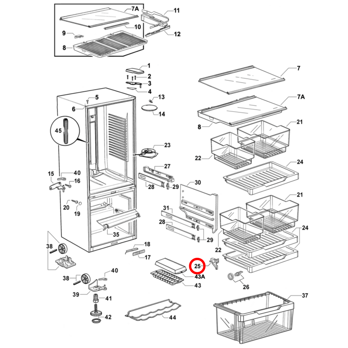 Parts diagram showing 836586 for Fisher & Paykel fridge models