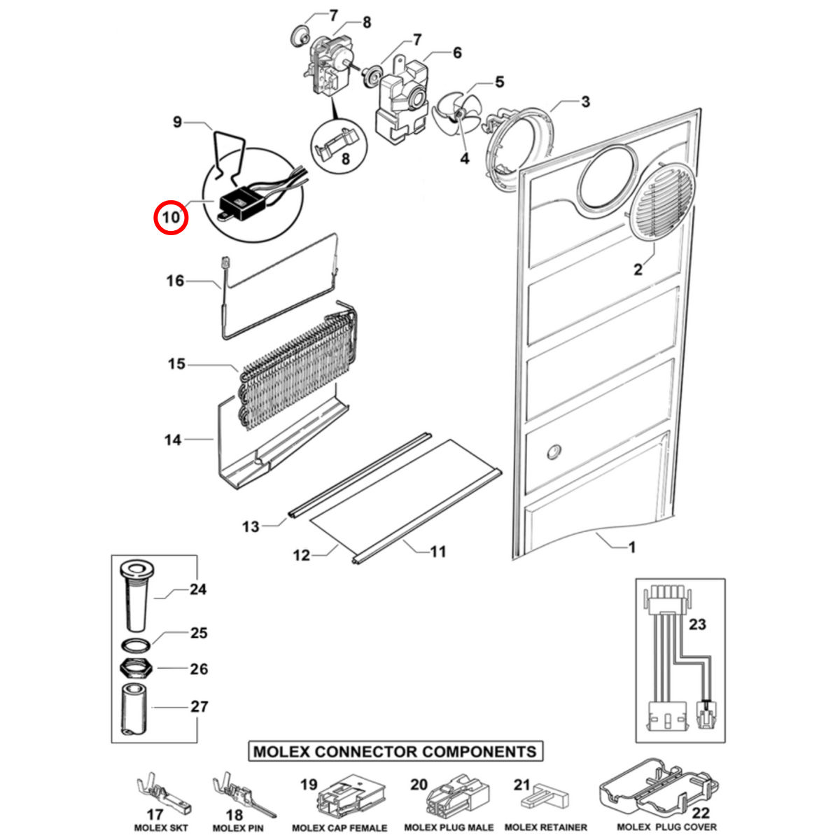 Parts diagram showing 855377P for Fisher & Paykel fridge models