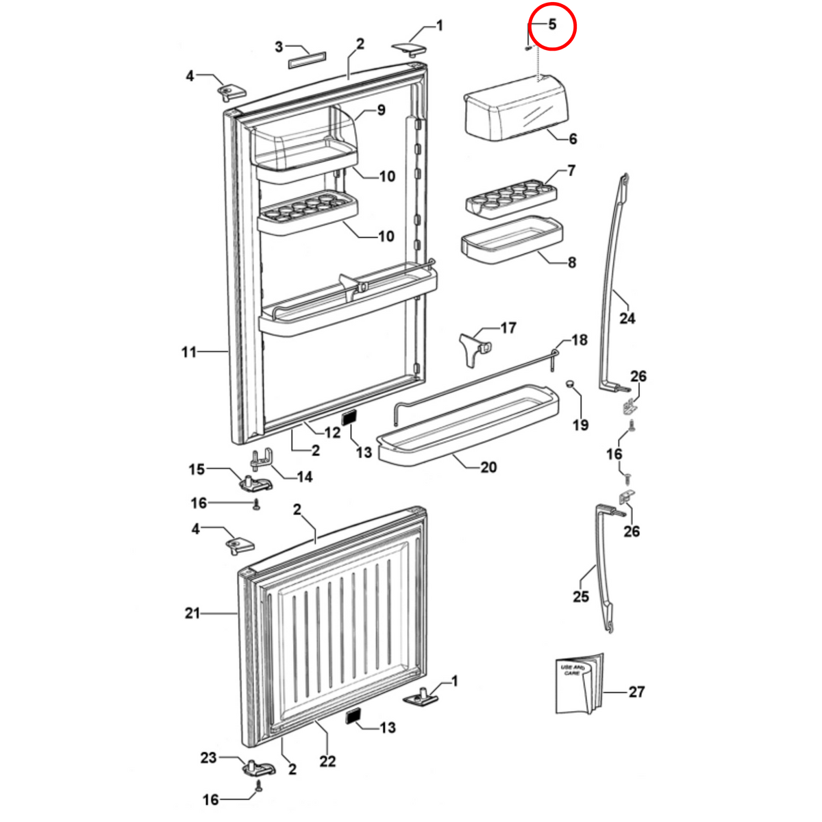 Parts diagram showing 871123P for Fisher & Paykel fridge models