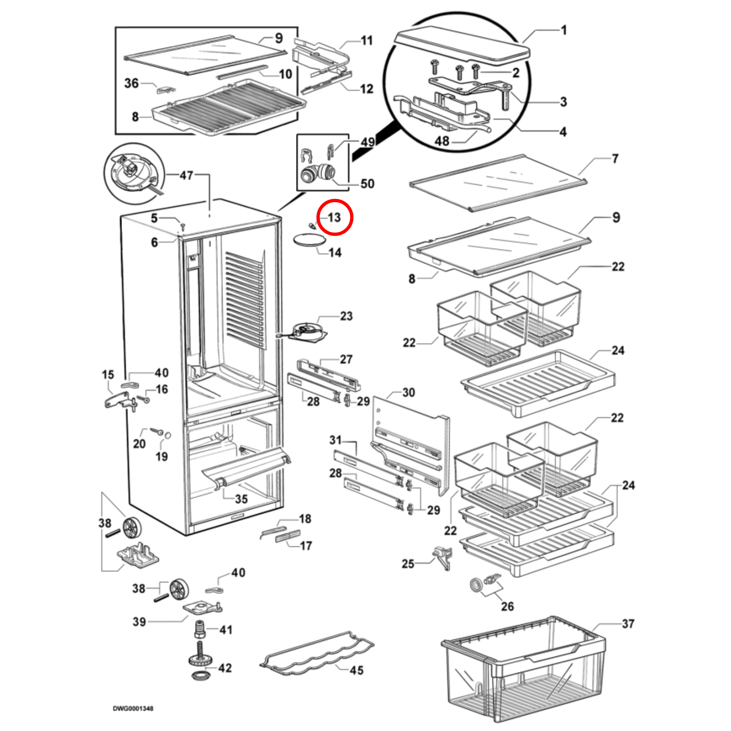 Parts diagram showing 874017P for Fisher & Paykel fridge models