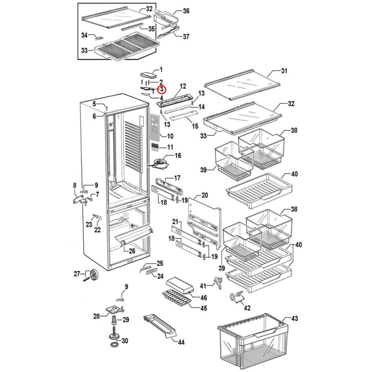 Parts diagram showing 880526P for Fisher & Paykel fridge models