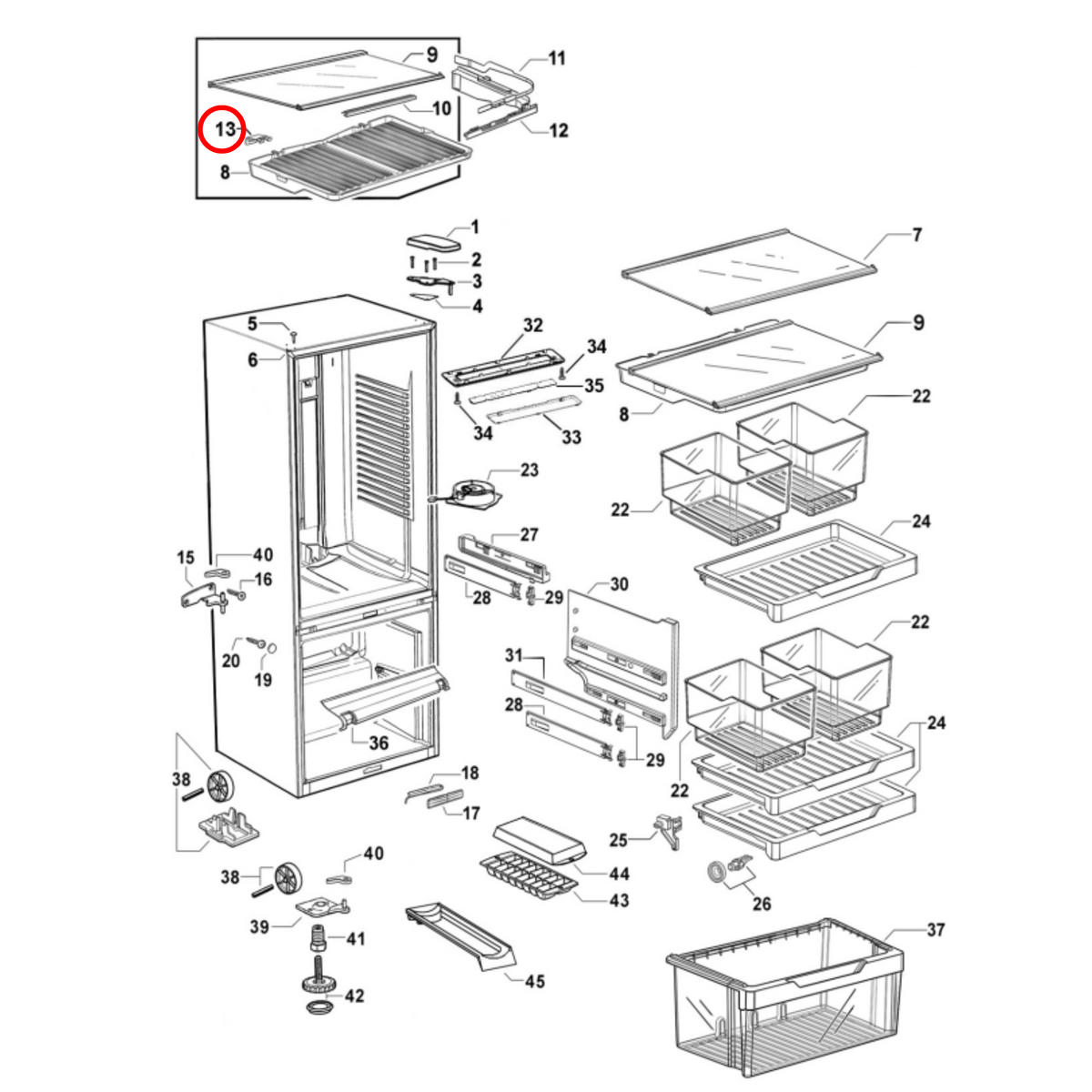 Parts diagram showing 881268 for Fisher & Paykel fridge models