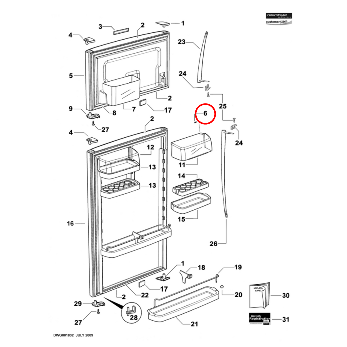 Parts diagram showing 882141 for Fisher & Paykel fridge models