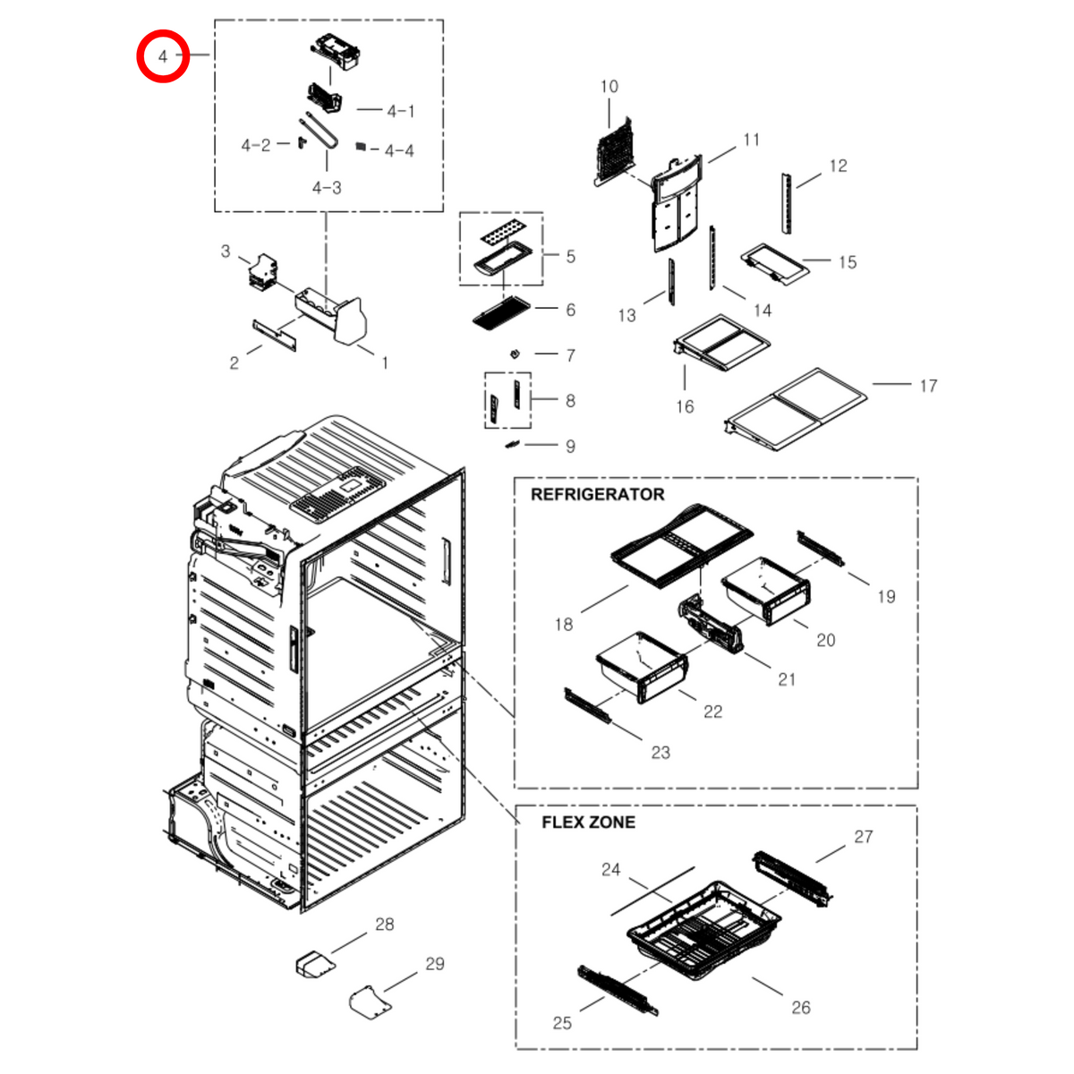 Parts diagram showing DA97-07365B for Samsung fridge models