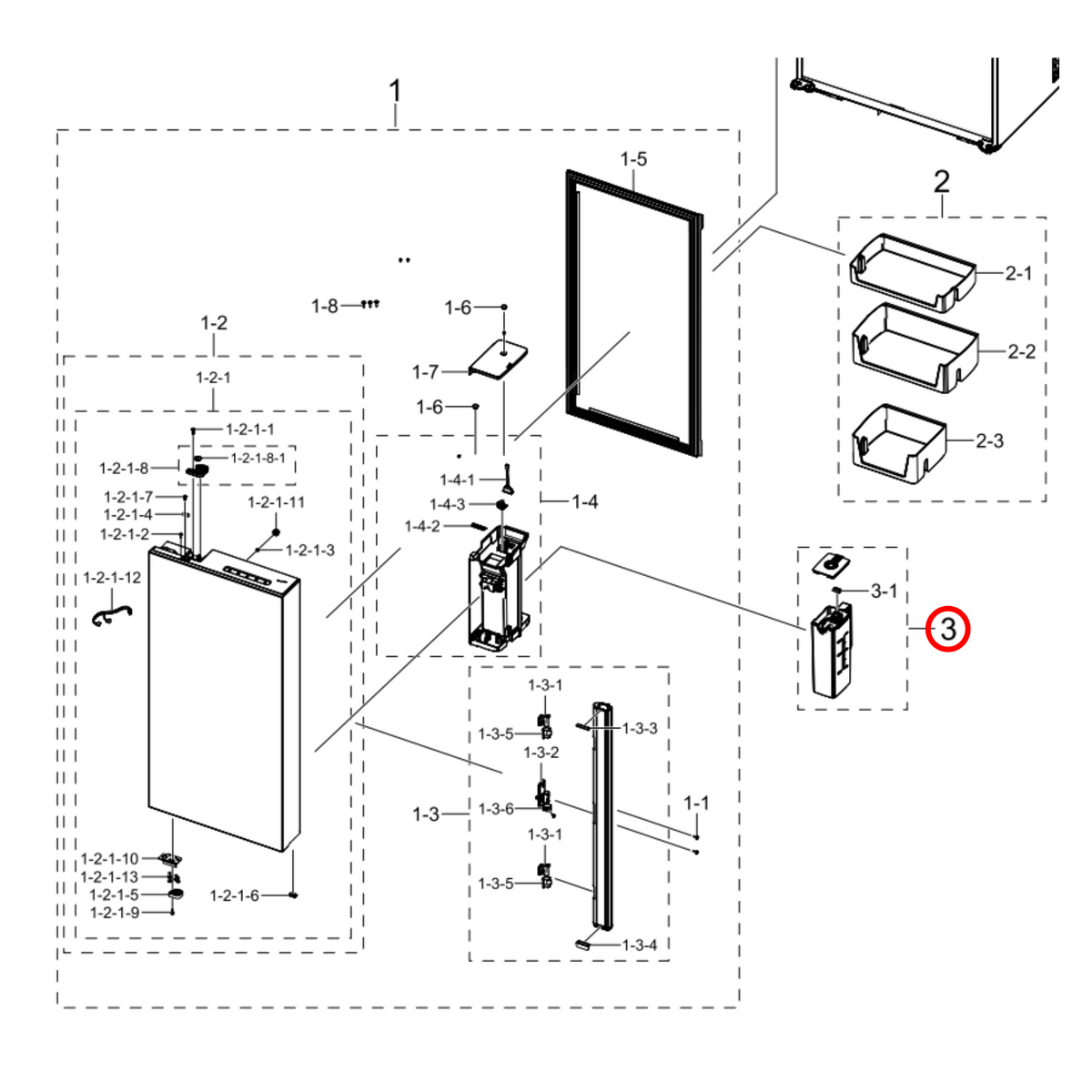 Parts diagram showing DA97-21261H for Samsung fridge models