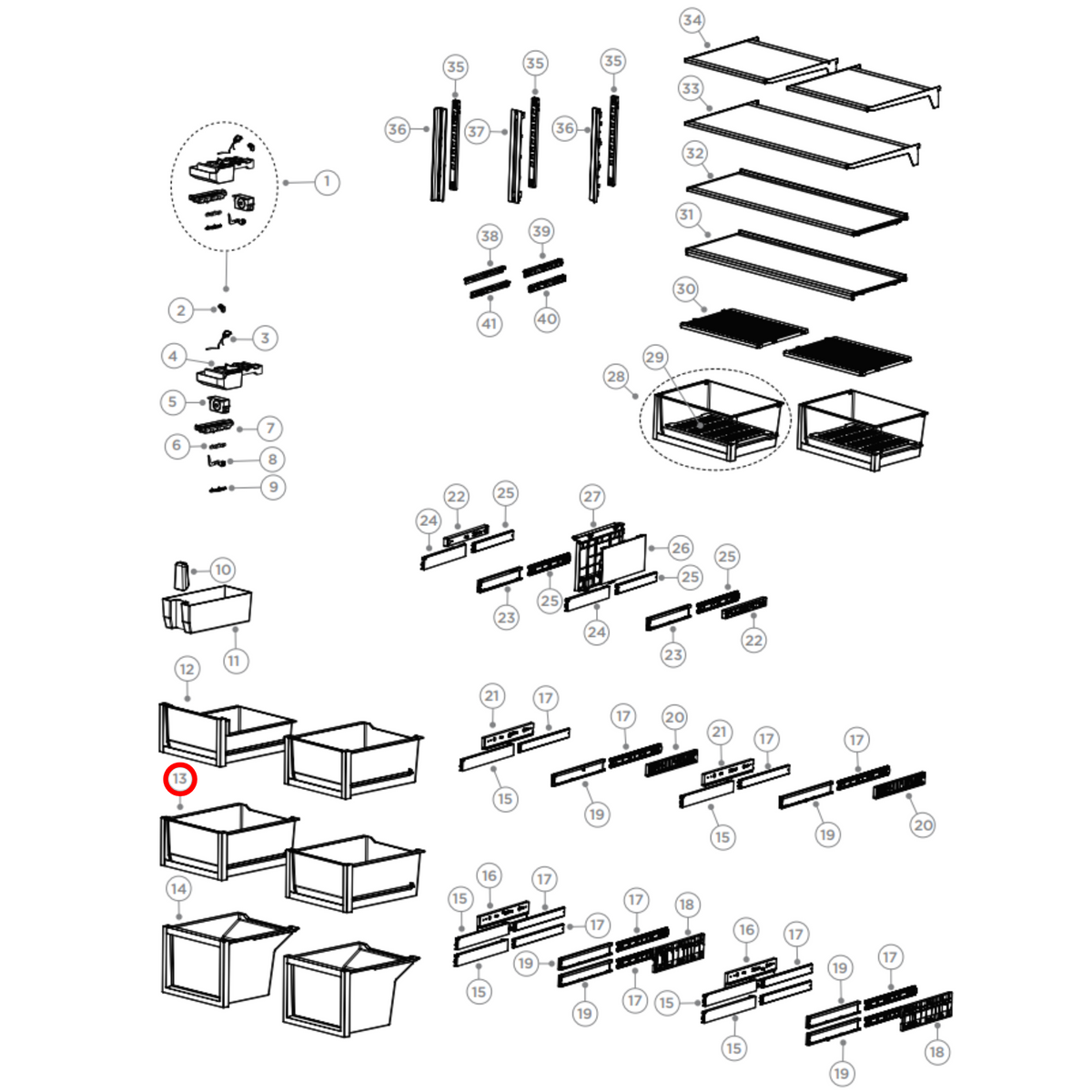 Parts diagram showing H0060851875 for Fisher & Paykel fridge models