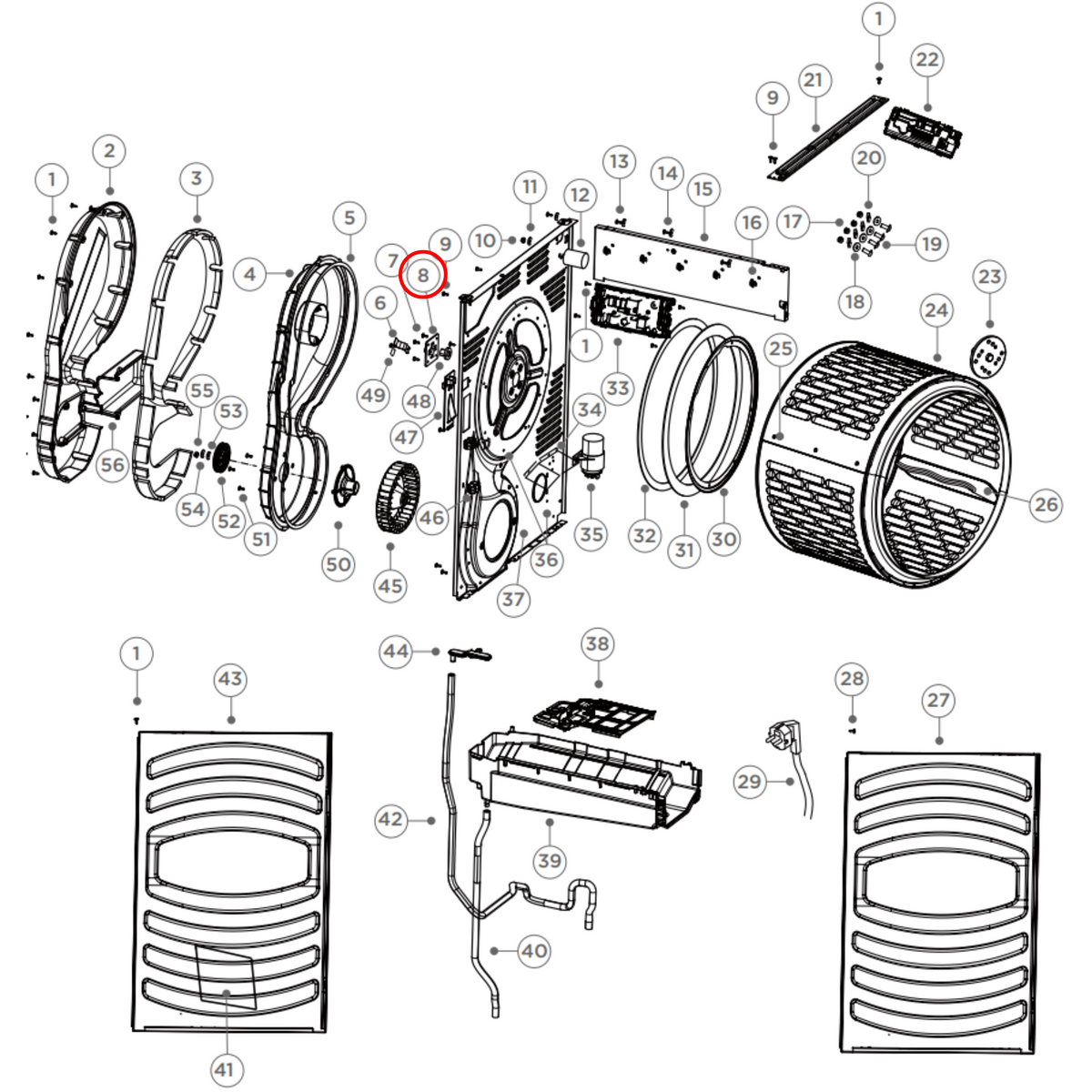 Parts diagram showing H0180100350 for Fisher & Paykel dryer models