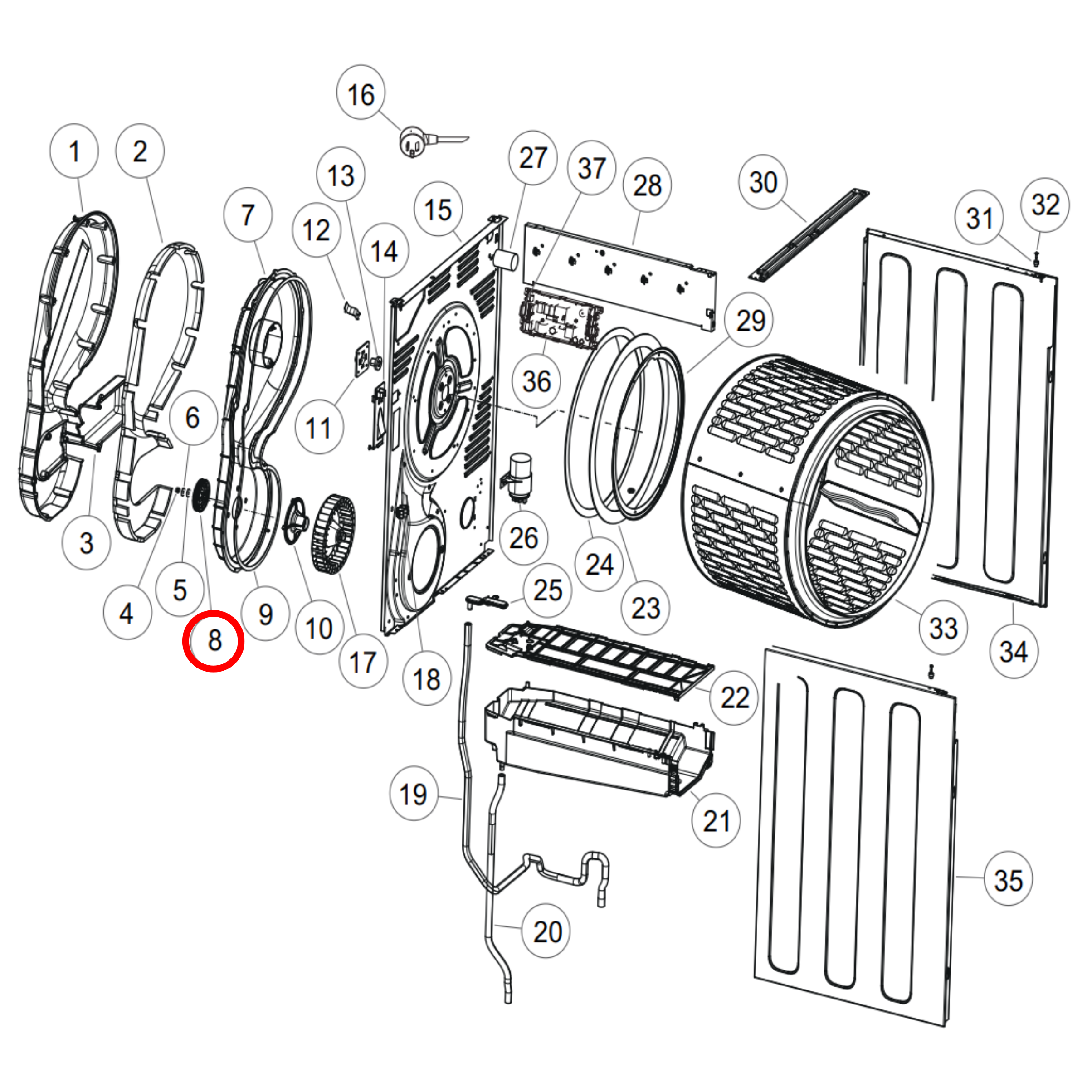 Parts diagram showing H0180200147B for Fisher & Paykel dryer models