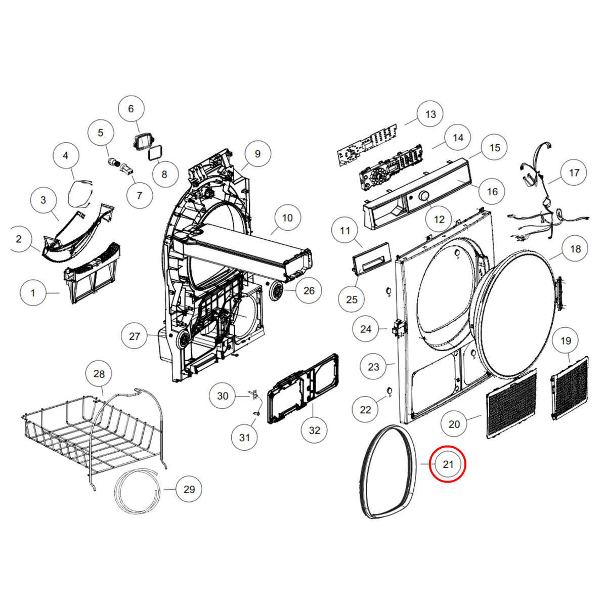 Parts diagram showing H0180300016 for Fisher & Paykel & Haier dryer models