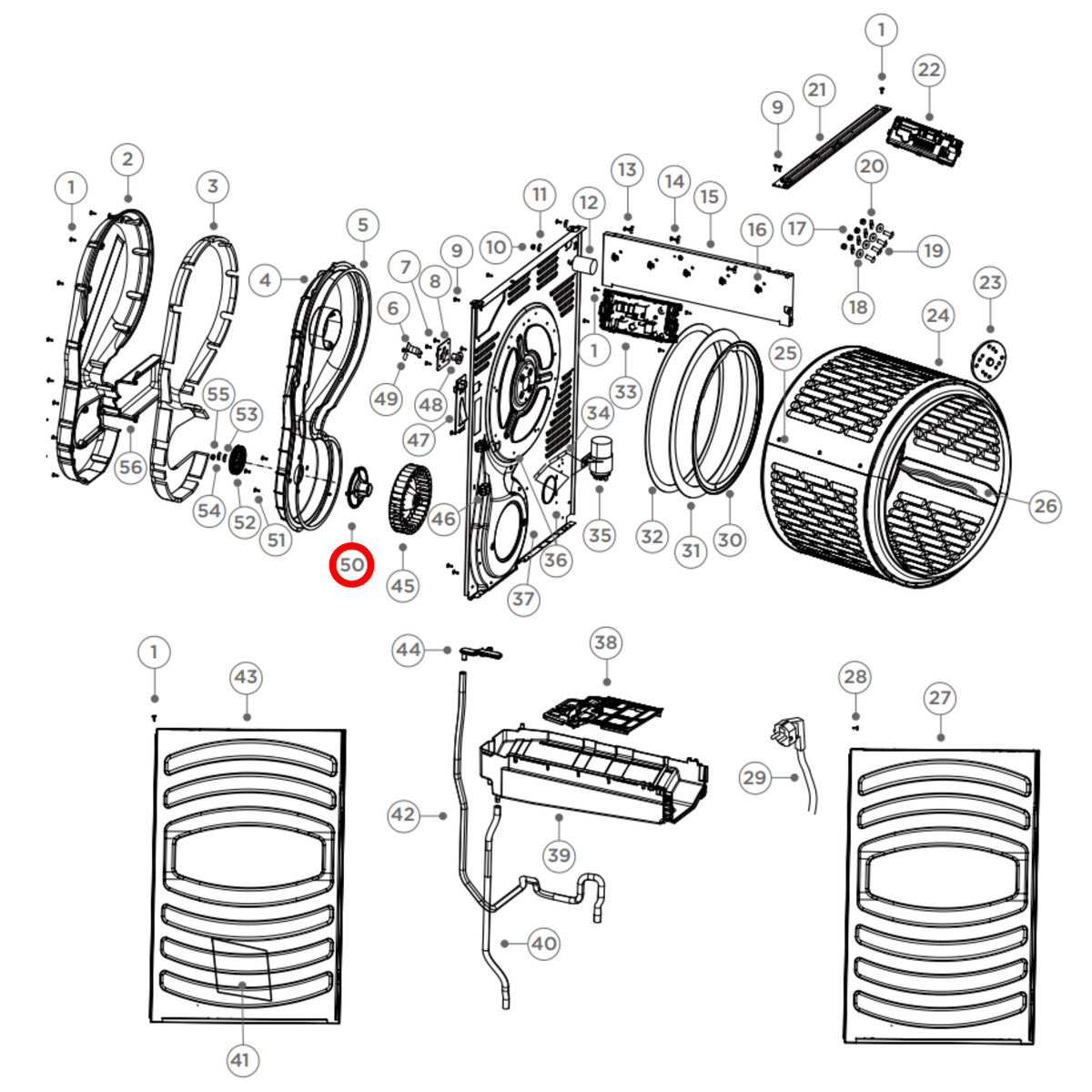 Parts diagram showing H0180800252 for Fisher & Paykel dryer models