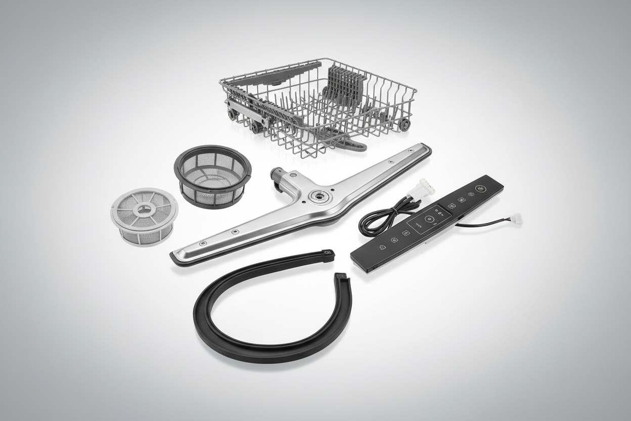 Dishwasher spare parts including wash pumps, drain pumps, spray arms, door seals, inlet valves and filters for domestic and commercial dishwasher repairs – genuine and aftermarket appliance parts Australia