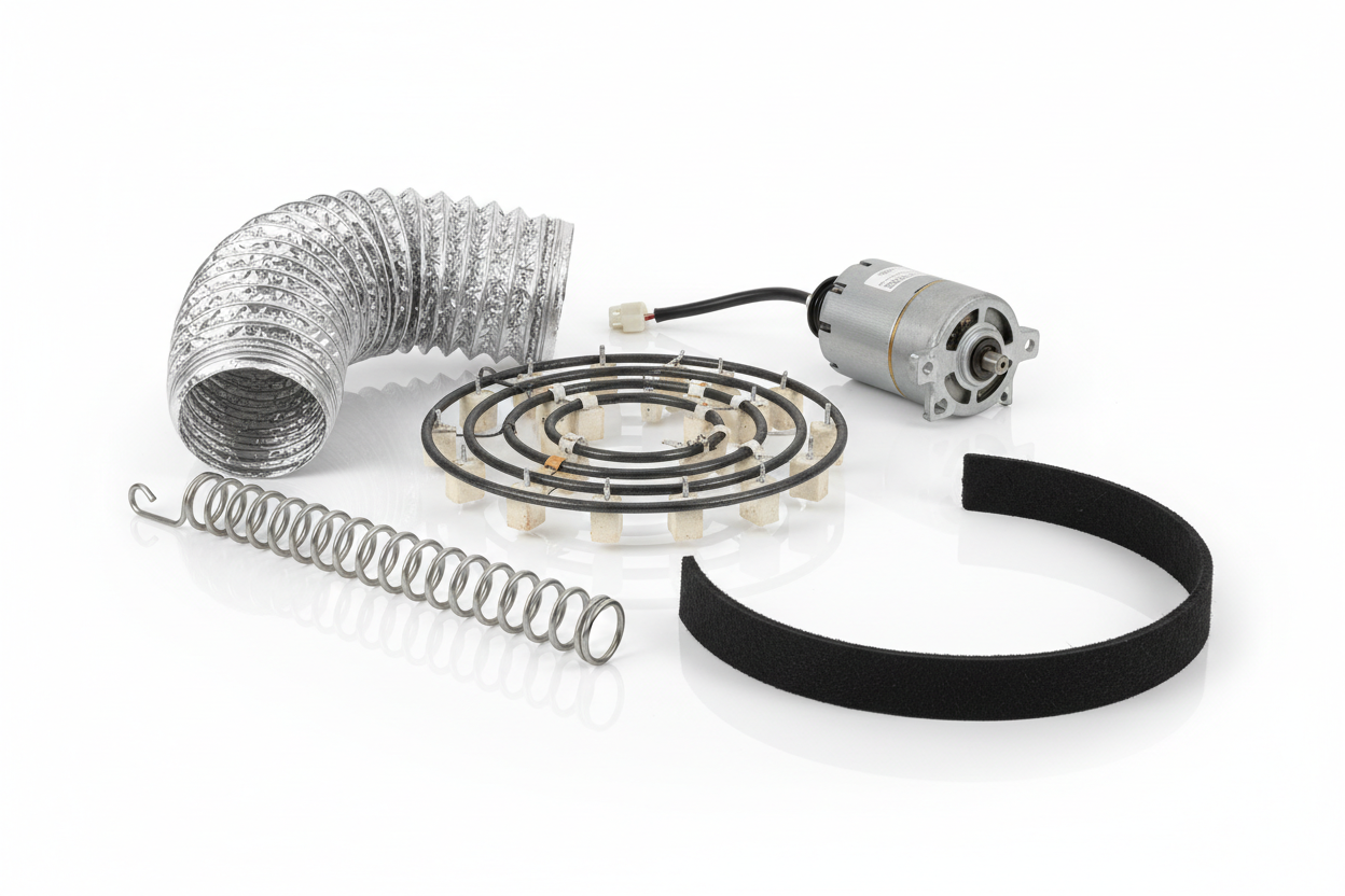 Dryer spare parts including dryer belts, heating elements, thermostats, drum rollers and motors for domestic and commercial clothes dryer repairs – appliance spare parts Australia