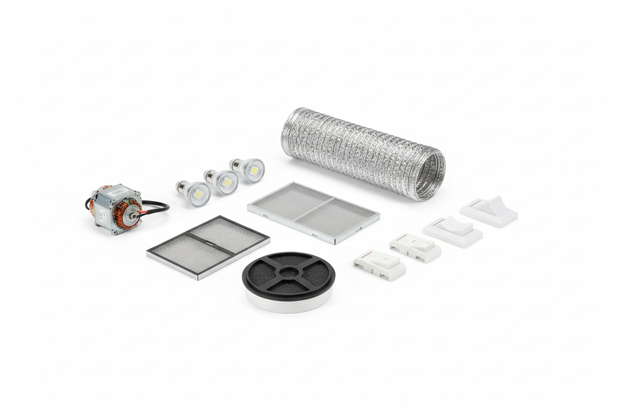 Rangehood spare parts including rangehood filters, fan motors, switches and lights for domestic and commercial kitchen ventilation repairs – genuine and aftermarket appliance parts Australia