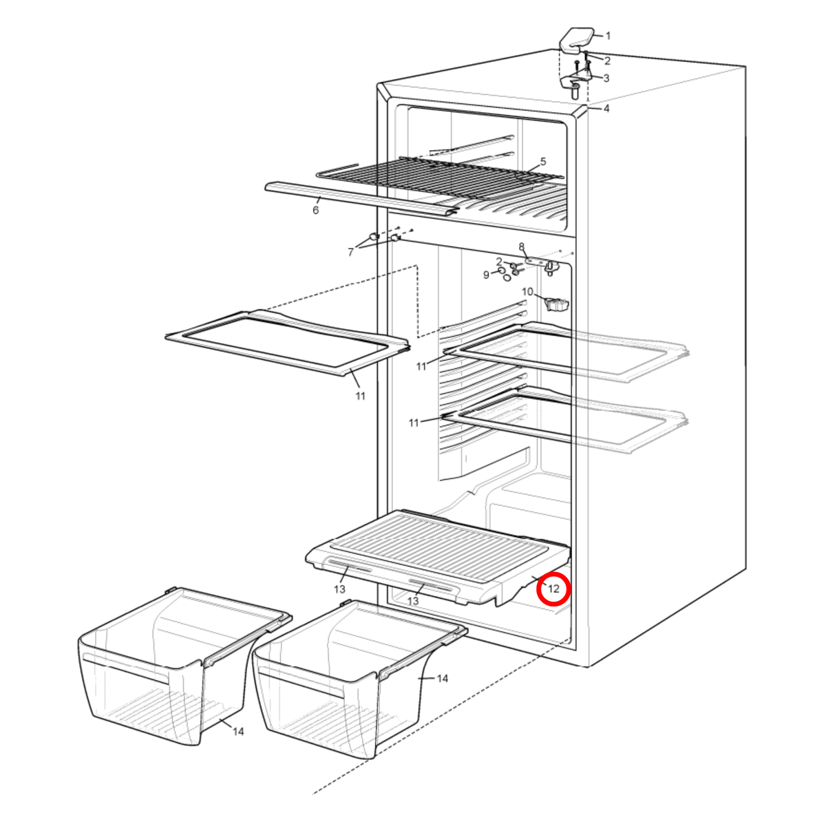 Parts diagram showing 85814545191 for Kelvinator & Simpson fridge models