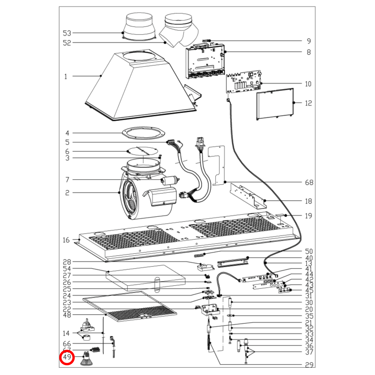 Parts diagram showing 8652070 for Miele rangehood models