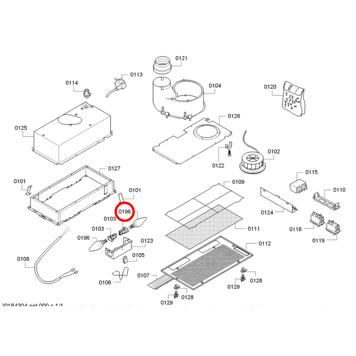 Parts diagram showing 00625761 for Bosch rangehood models