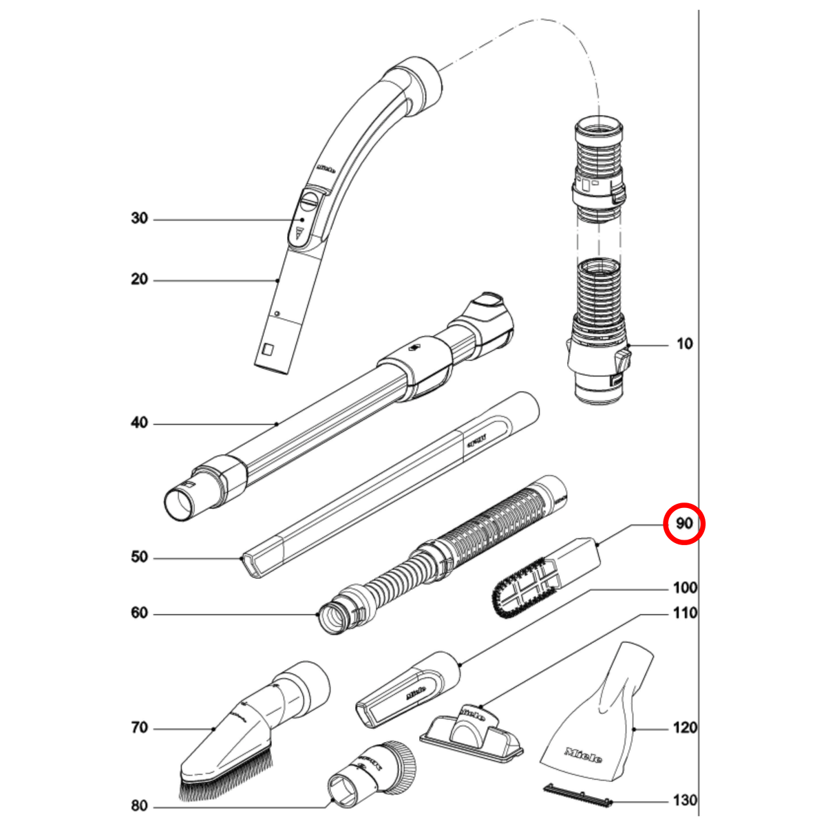 Parts diagram showing 9660490 for Miele vacuum cleaner models