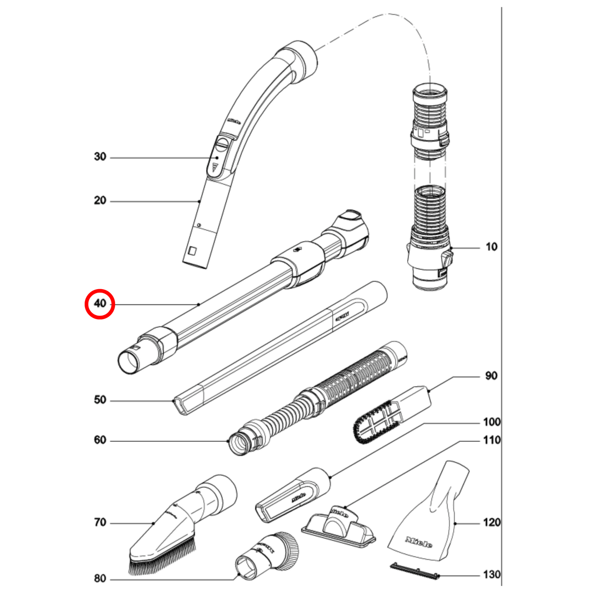 Parts diagram showing 10615280 for Miele vacuum cleaner models