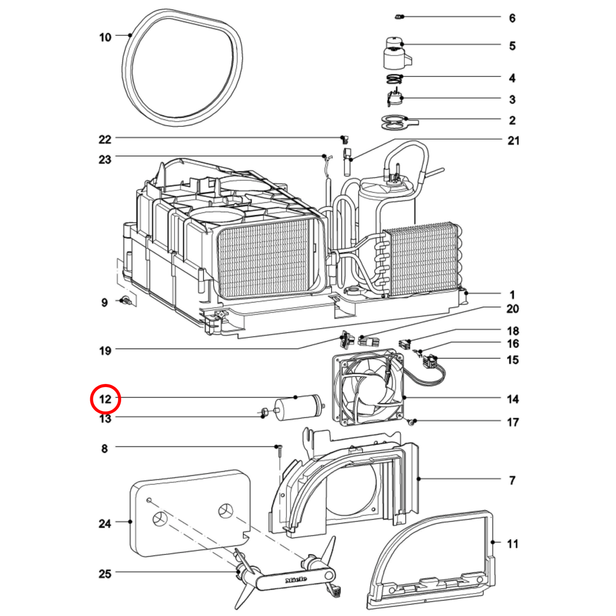 Parts diagram showing 7887900 for Miele dryer models