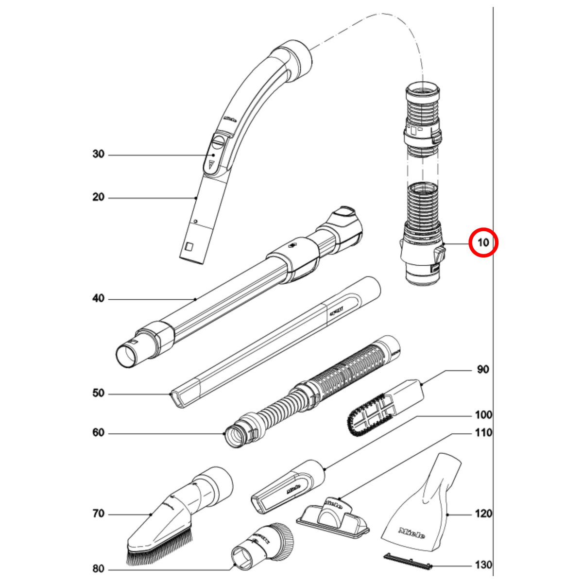 Parts diagram showing 12537600 for Miele vacuum cleaner models