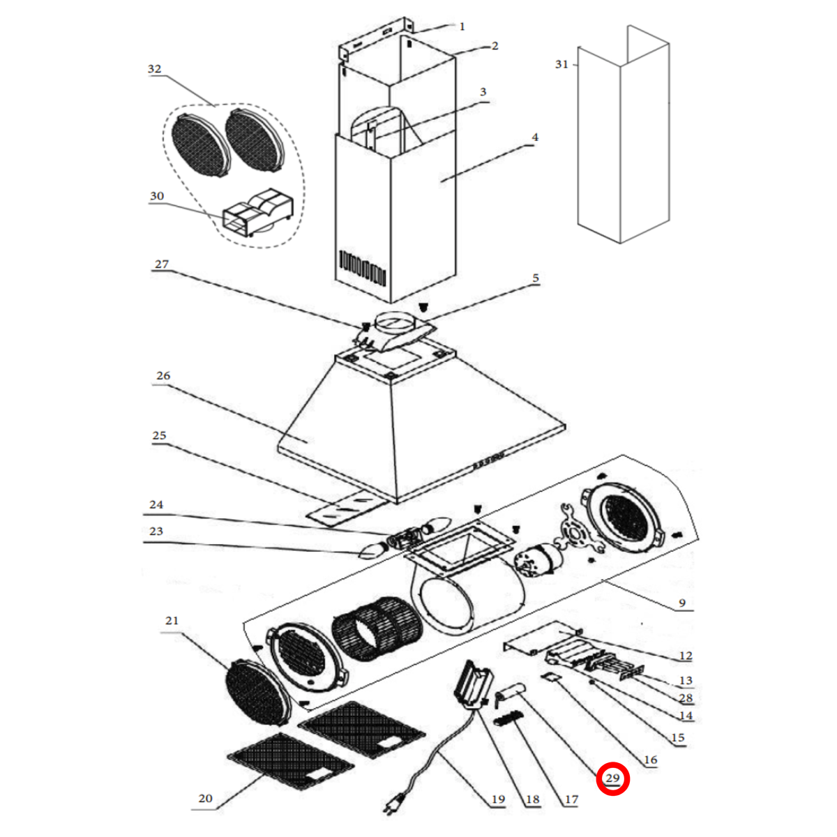 Parts diagram showing 4055433009 for Westinghouse rangehood models