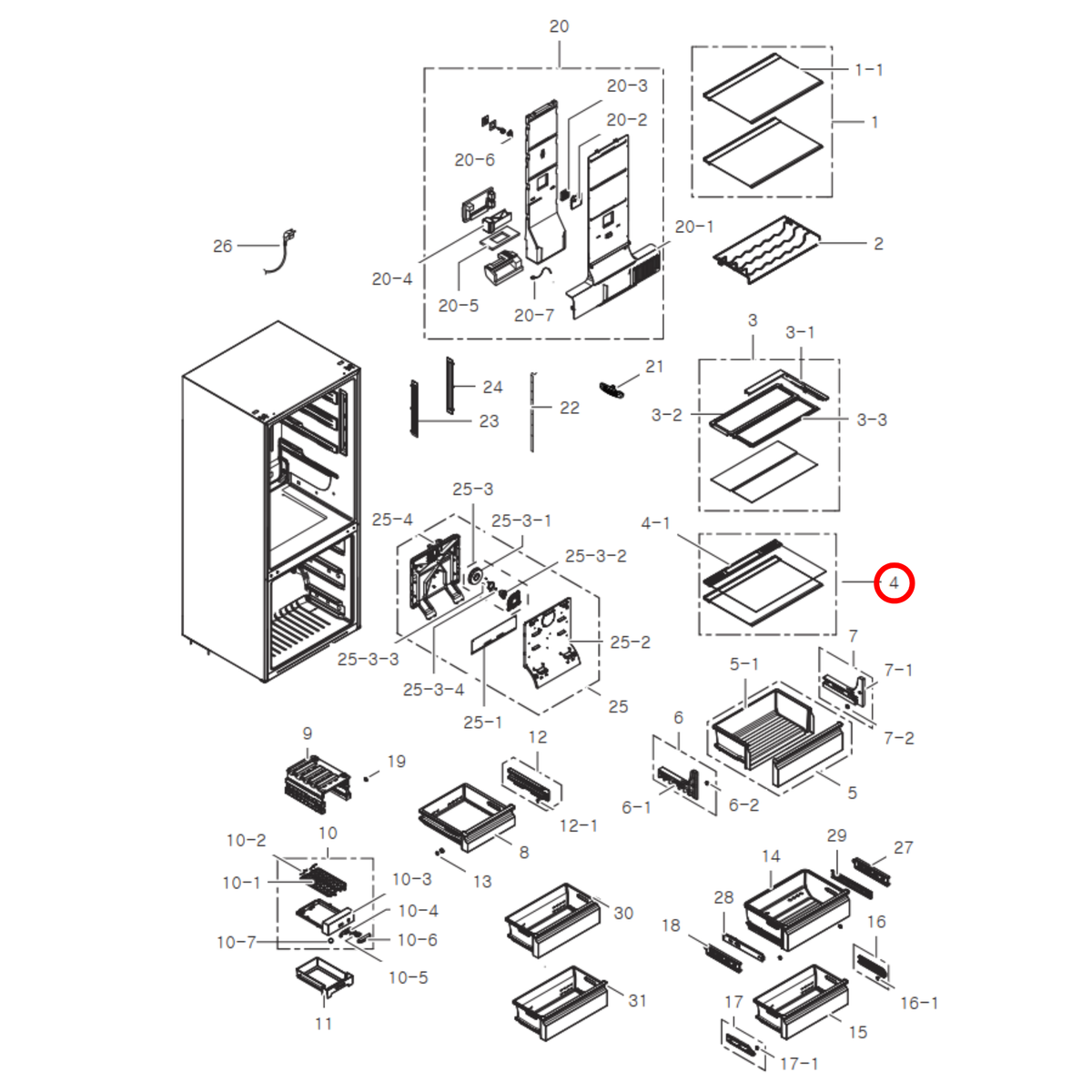 Parts diagram showing DA97-13167H for Samsung fridge models