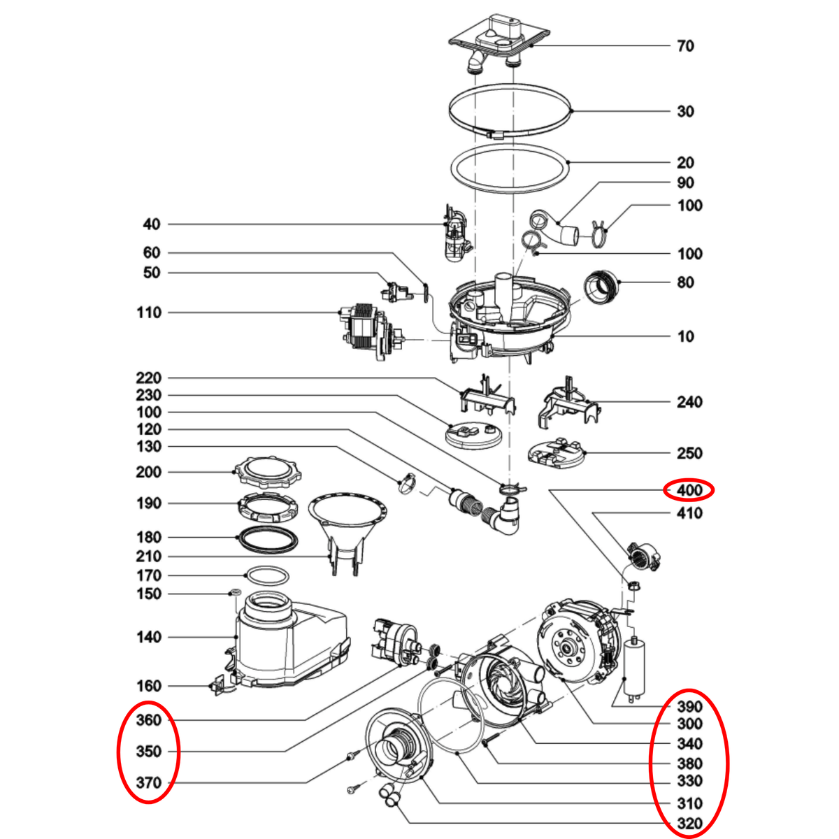 Parts diagram showing 12133910 for Miele dishwasher models