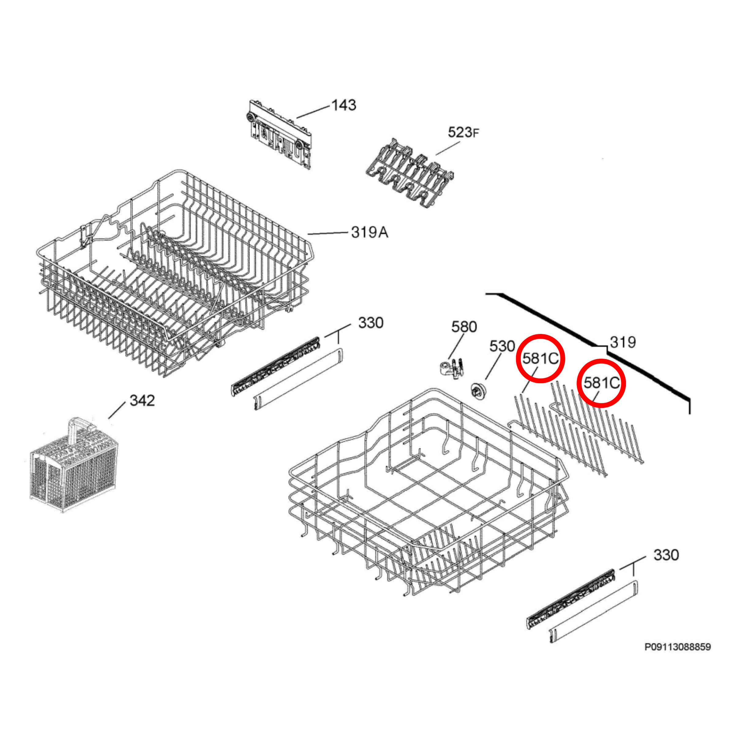 4055430856 AEG Dishwasher Crock Insert Rack Fold Down Left Hand - 1172588004